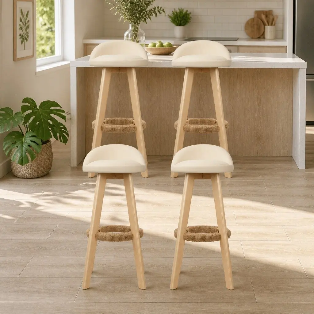 Bar Stools Set of 4 Padded Seat Wooden Frame Beige Dining Kitchen Counter Height