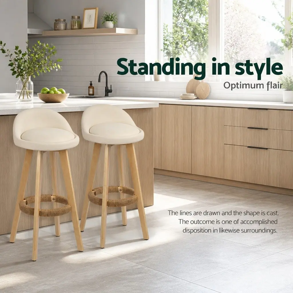 Bar Stools Set of 4 Padded Seat Wooden Frame Beige Dining Kitchen Counter Height