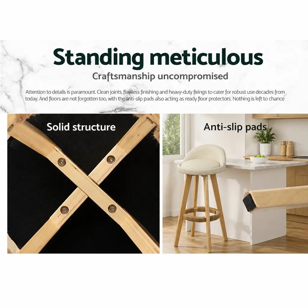 Bar Stools Set of 4 Padded Seat Wooden Frame Beige Dining Kitchen Counter Height