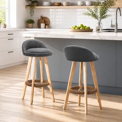 Grey Wooden Bar Stools with Padded Linen Seat - Set of 2