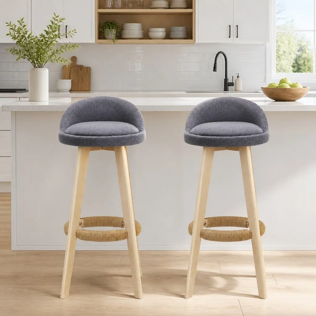 Bar Stools Grey Padded Linen Wooden Swivel 360 Degrees Footrest Set of 2