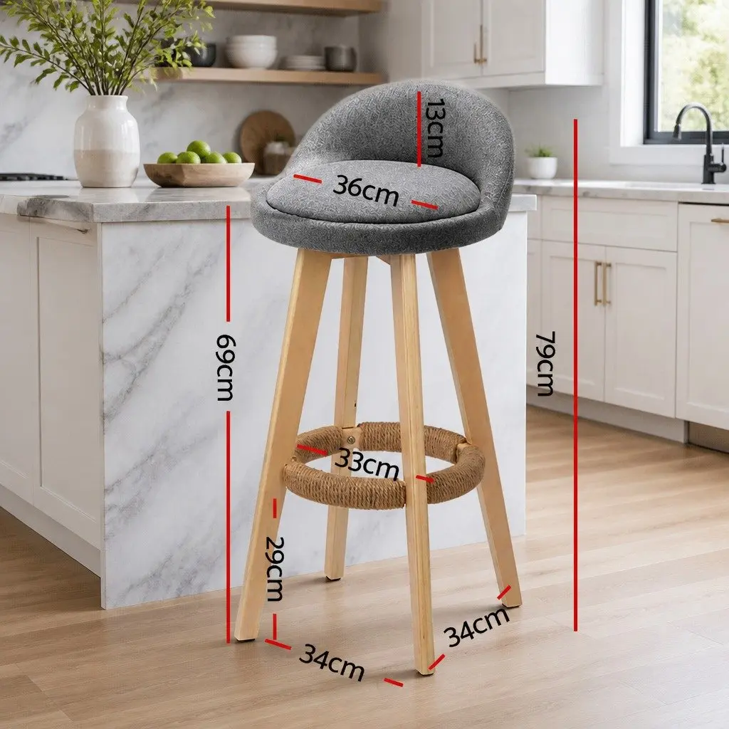 Bar Stools Grey Padded Linen Wooden Swivel 360 Degrees Footrest Set of 2