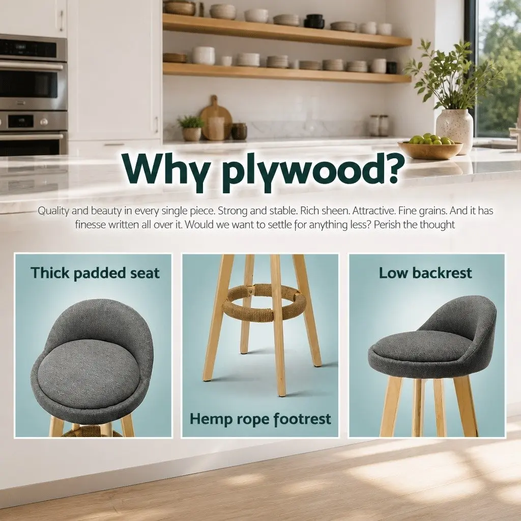 Bar Stools Grey Padded Linen Wooden Swivel 360 Degrees Footrest Set of 2