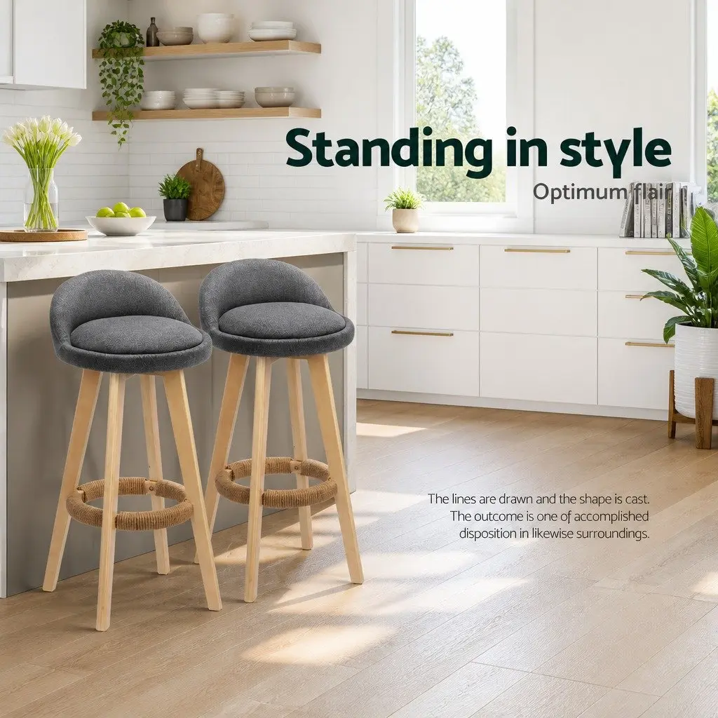 Bar Stools Grey Padded Linen Wooden Swivel 360 Degrees Footrest Set of 2