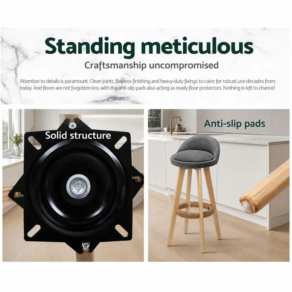 Bar Stools Grey Padded Linen Wooden Swivel 360 Degrees Footrest Set of 2