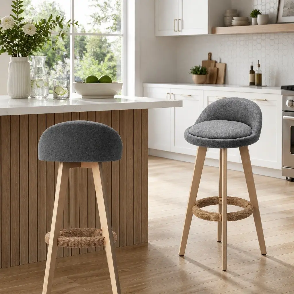 Bar Stools Grey Padded Linen Wooden Swivel 360 Degrees Footrest Set of 2