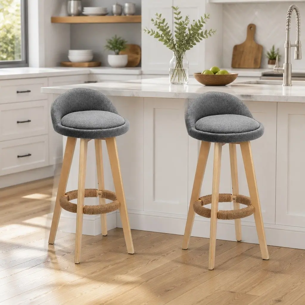 Bar Stools Grey Padded Linen Wooden Swivel 360 Degrees Footrest Set of 2