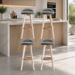Set of 4 Grey Bar Stools with Padded Linen Seats