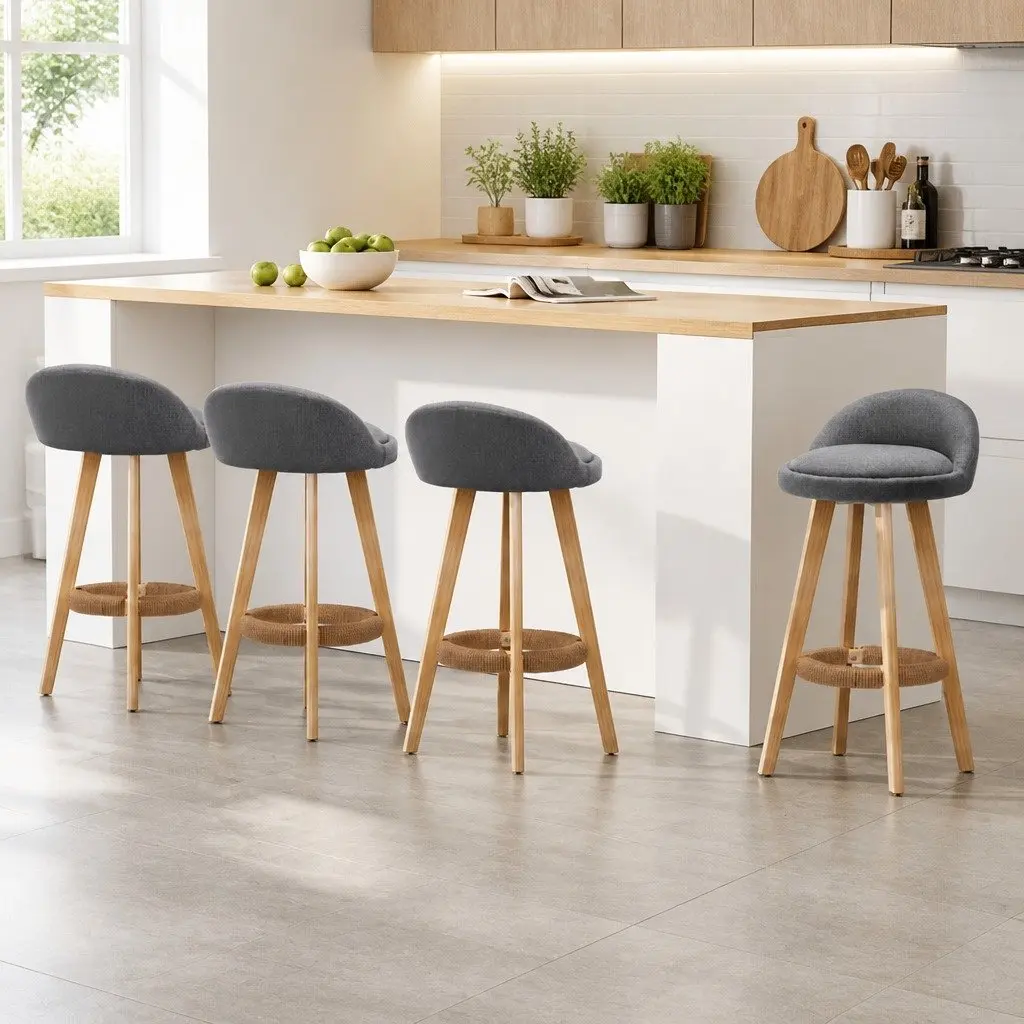 Set of 4 Grey Bar Stools with Padded Linen Seats