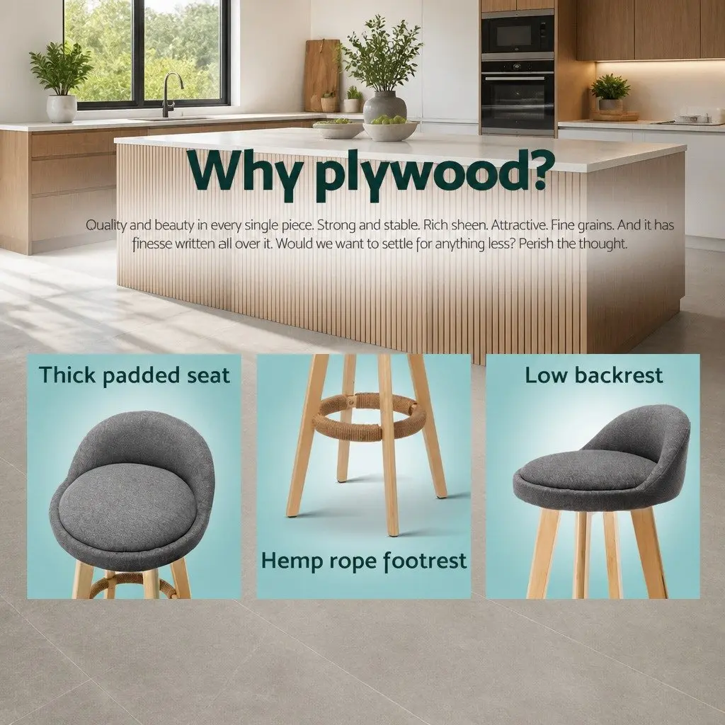 Set of 4 Grey Bar Stools with Padded Linen Seats