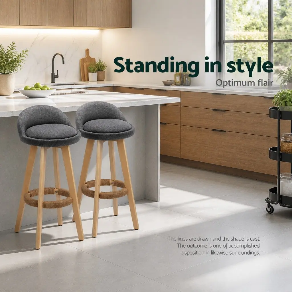Set of 4 Grey Bar Stools with Padded Linen Seats
