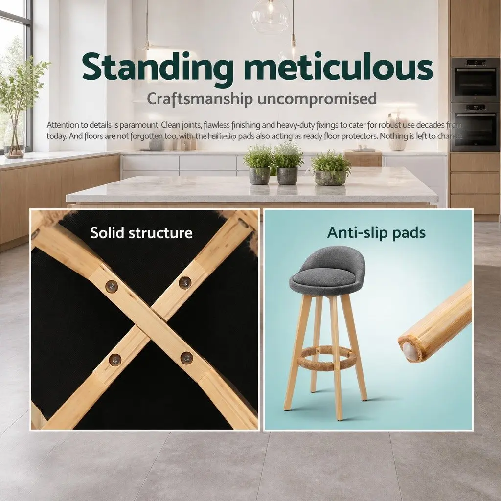 Set of 4 Grey Bar Stools with Padded Linen Seats