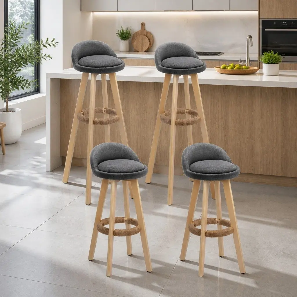 Set of 4 Grey Bar Stools with Padded Linen Seats