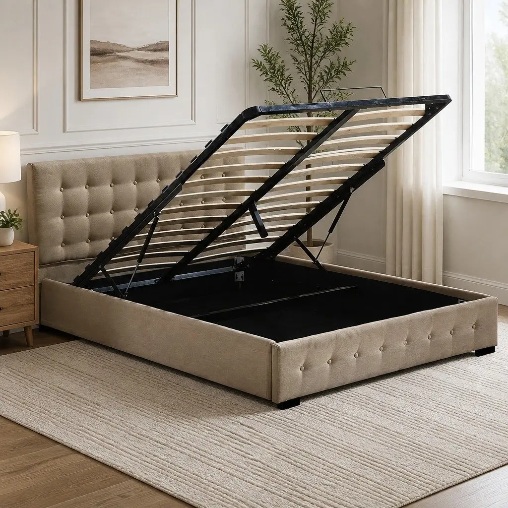 Fabric Bed Frame Double Gas Lift Storage Beige Upholstered Bedroom Furniture