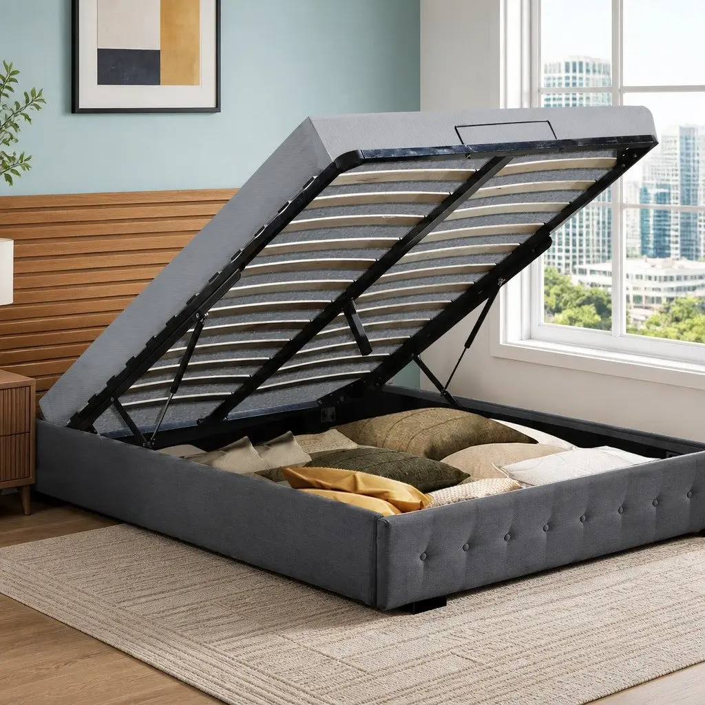 Gas Lift Storage Bed Frame Double Upholstered Fabric Base Dark Grey