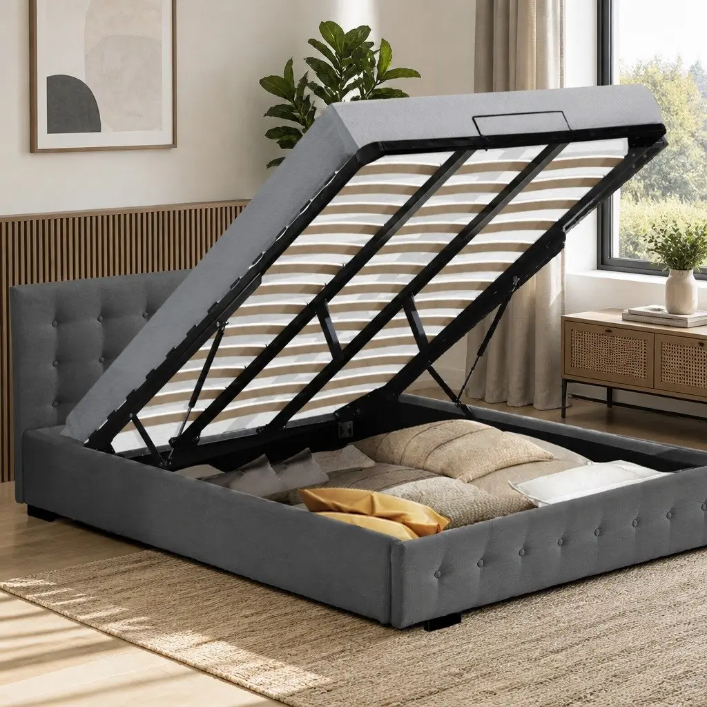 King Bed Frame Upholstered Fabric Tufted Dark Grey Gas Lift Storage Wooden