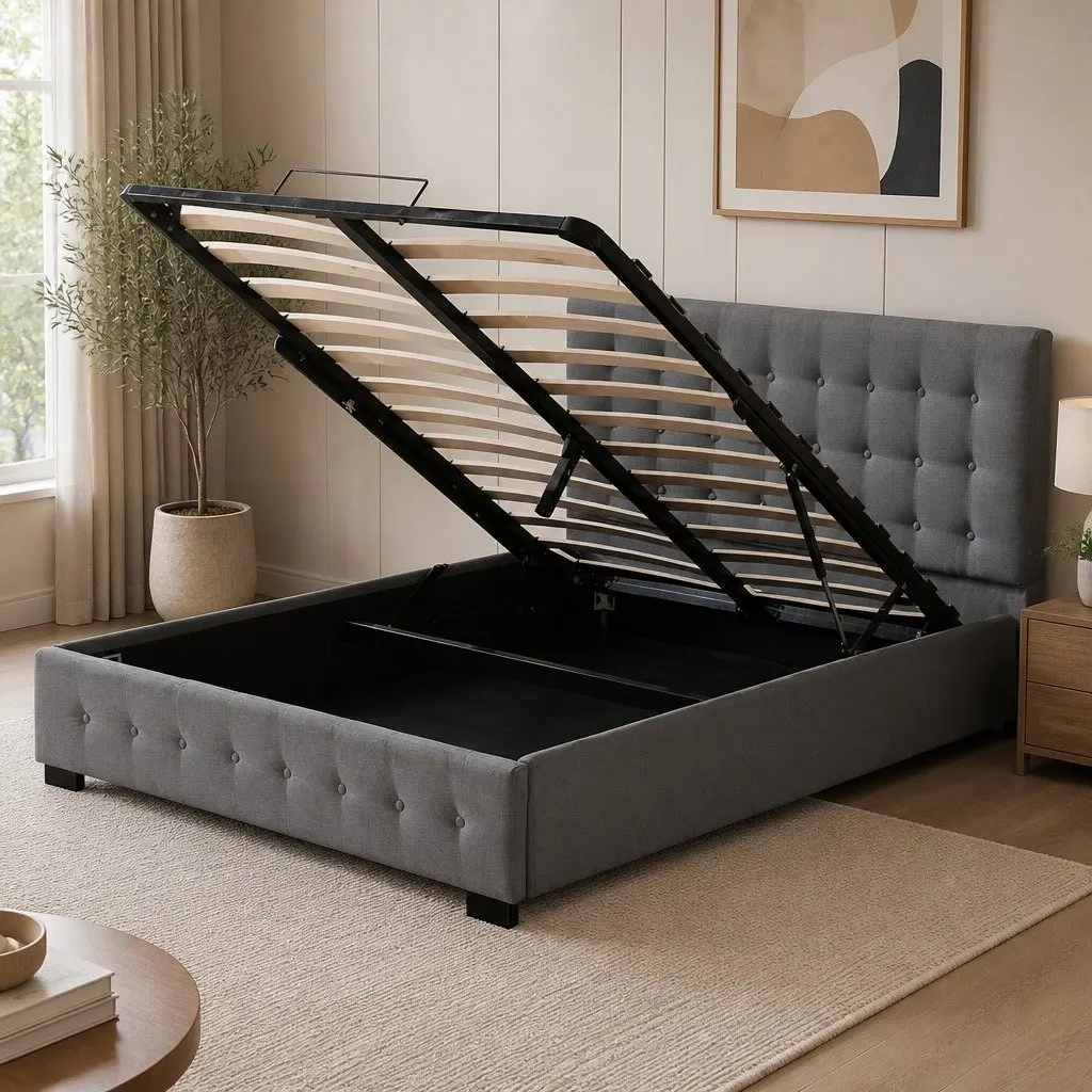 Queen Bed Frame Upholstered Fabric Tufted Dark Grey Gas Lift Storage