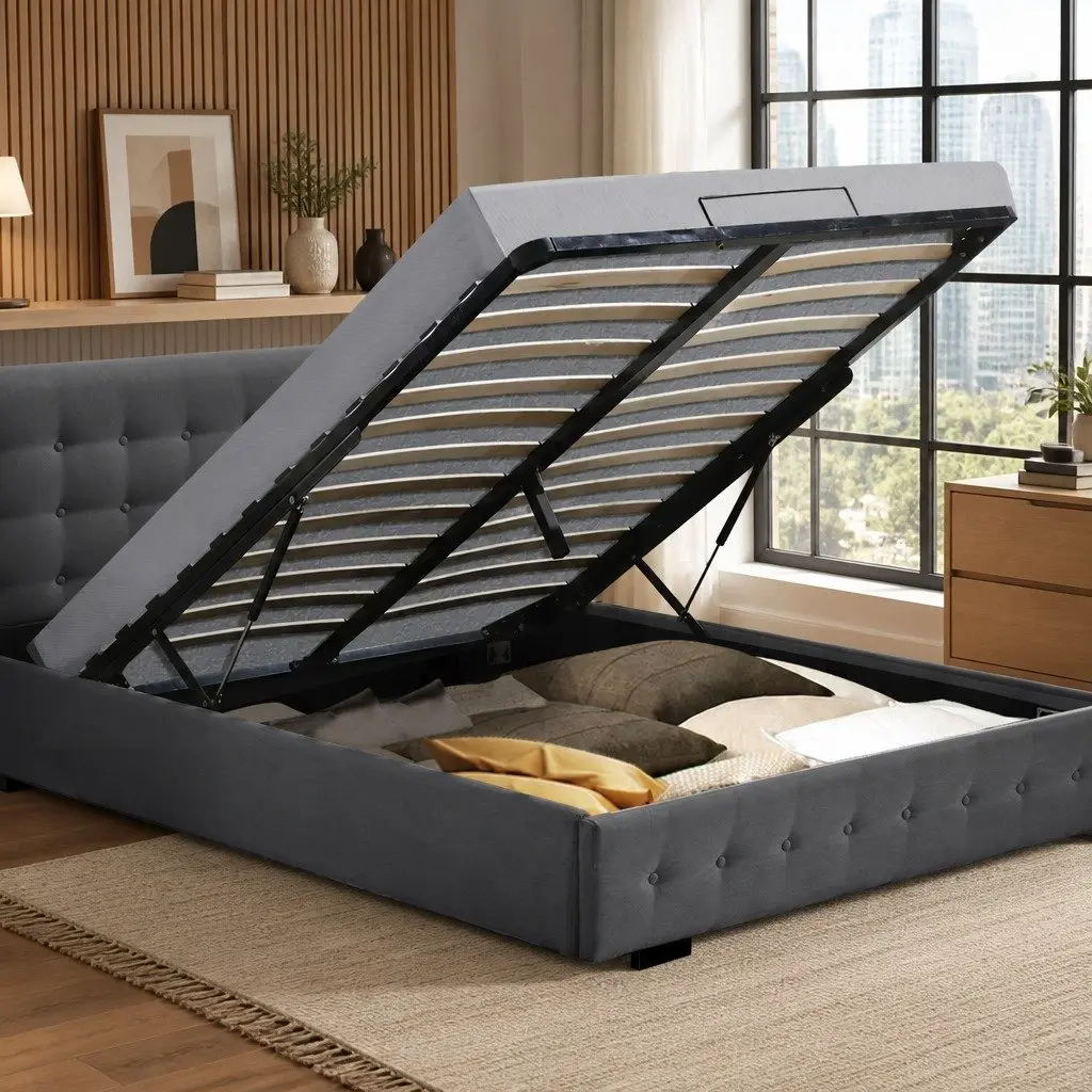 Queen Bed Frame Upholstered Fabric Tufted Dark Grey Gas Lift Storage