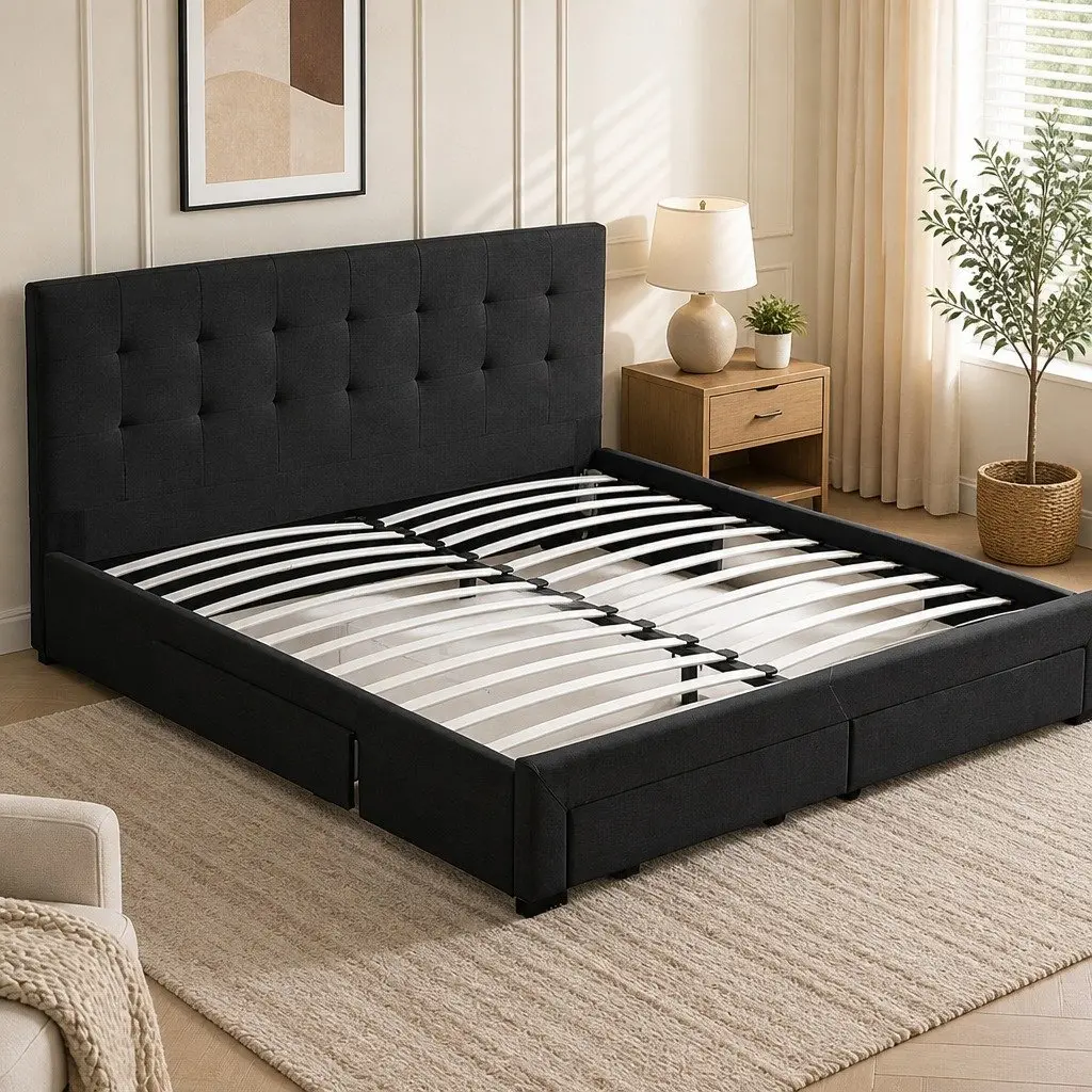 Queen Bed Frame Upholstered Storage Drawers Dark Grey Bedroom Furniture