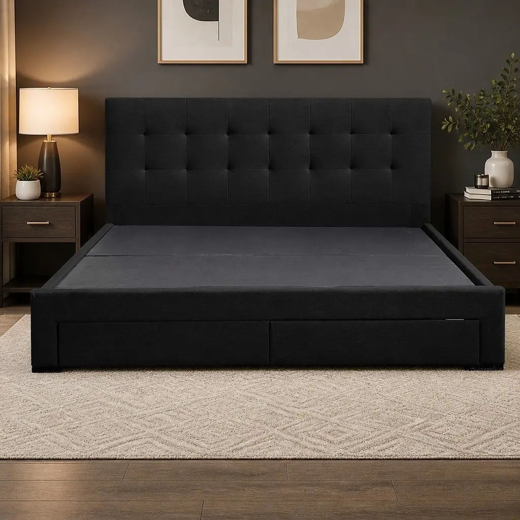 Queen Bed Frame Upholstered Storage Drawers Dark Grey Bedroom Furniture