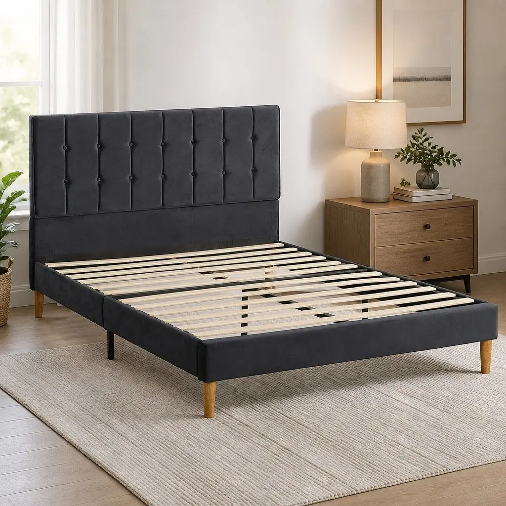 Fabric Bed Frame Double Size Upholstered Padded Headboard Grey Wooden Slats