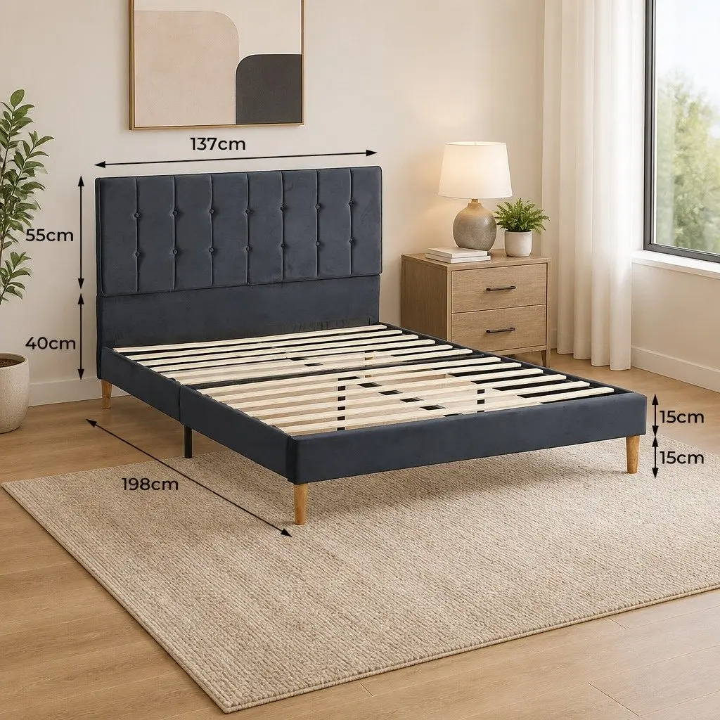 Fabric Bed Frame Double Size Upholstered Padded Headboard Grey Wooden Slats