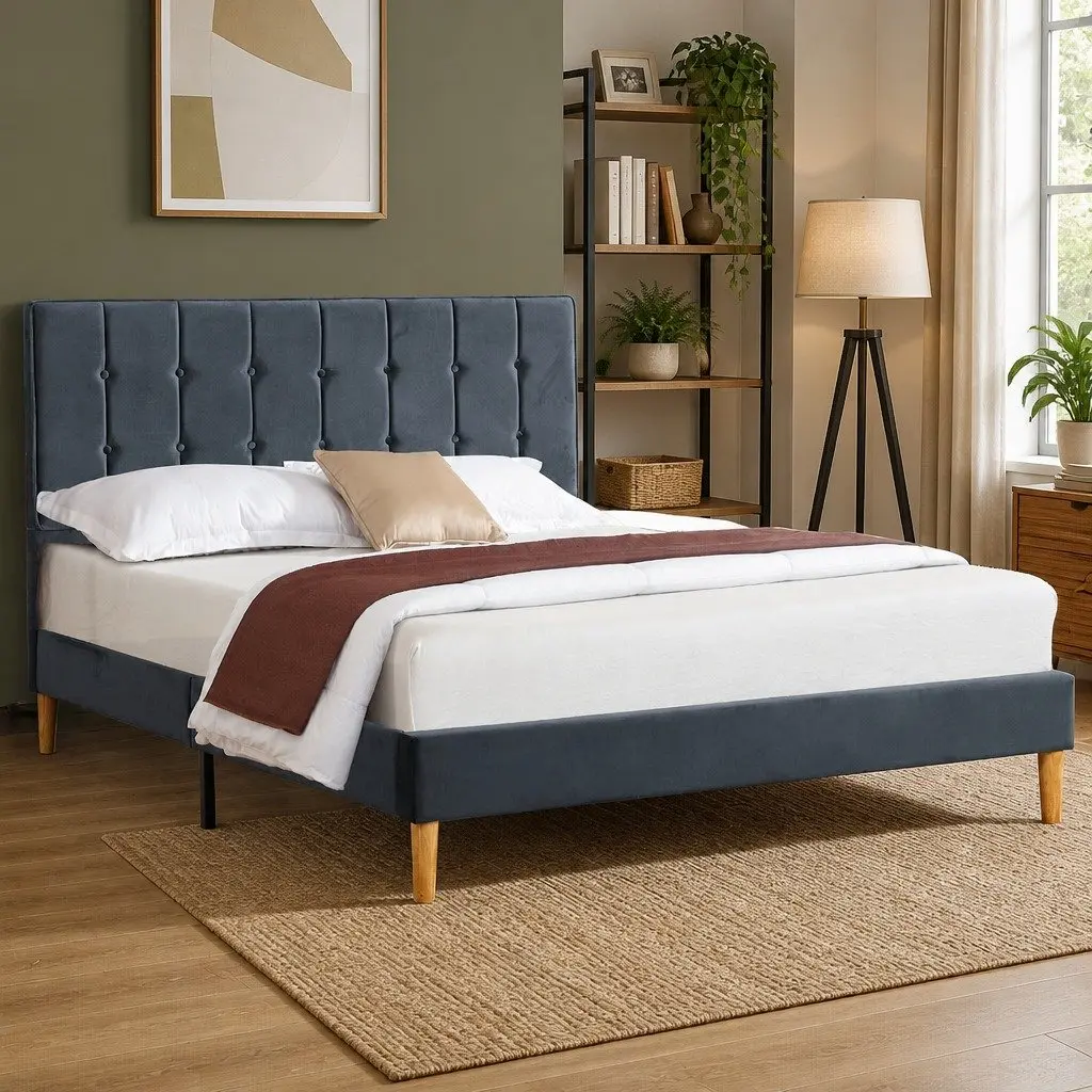 Fabric Bed Frame Double Size Upholstered Padded Headboard Grey Wooden Slats