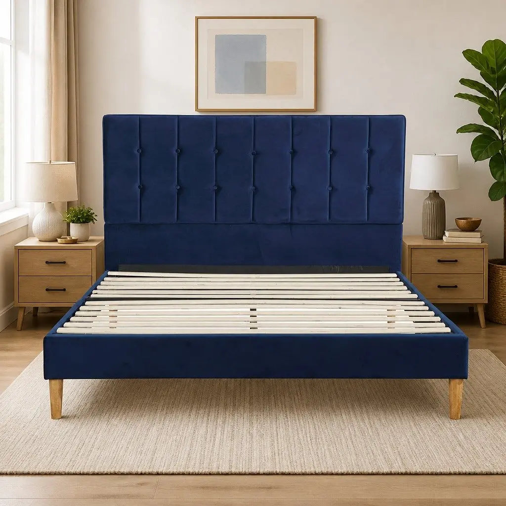 Queen Size Bed Frame with Velvet Padded Headboard Solid Wood Slats Platform