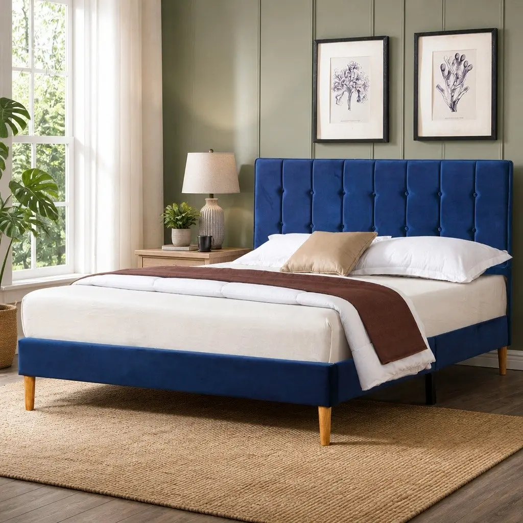 Queen Size Bed Frame with Velvet Padded Headboard Solid Wood Slats Platform