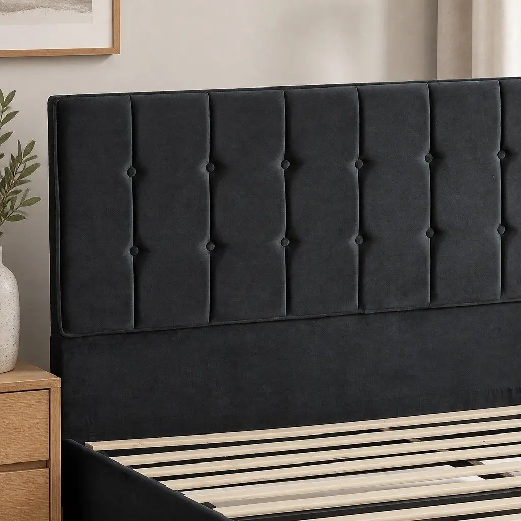 Queen Size Bed Frame with Velvet Padded Headboard Wooden Slat Platform Mattress