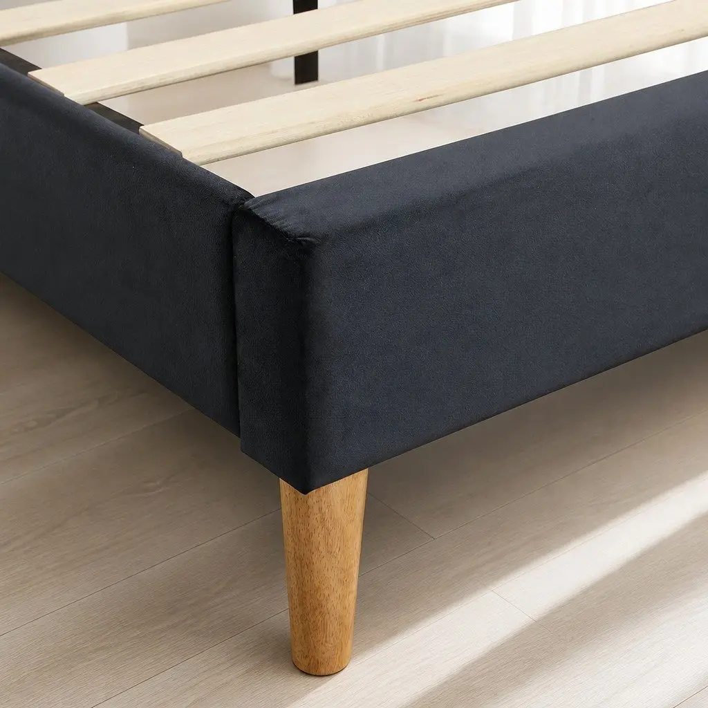 Queen Size Bed Frame with Velvet Padded Headboard Wooden Slat Platform Mattress