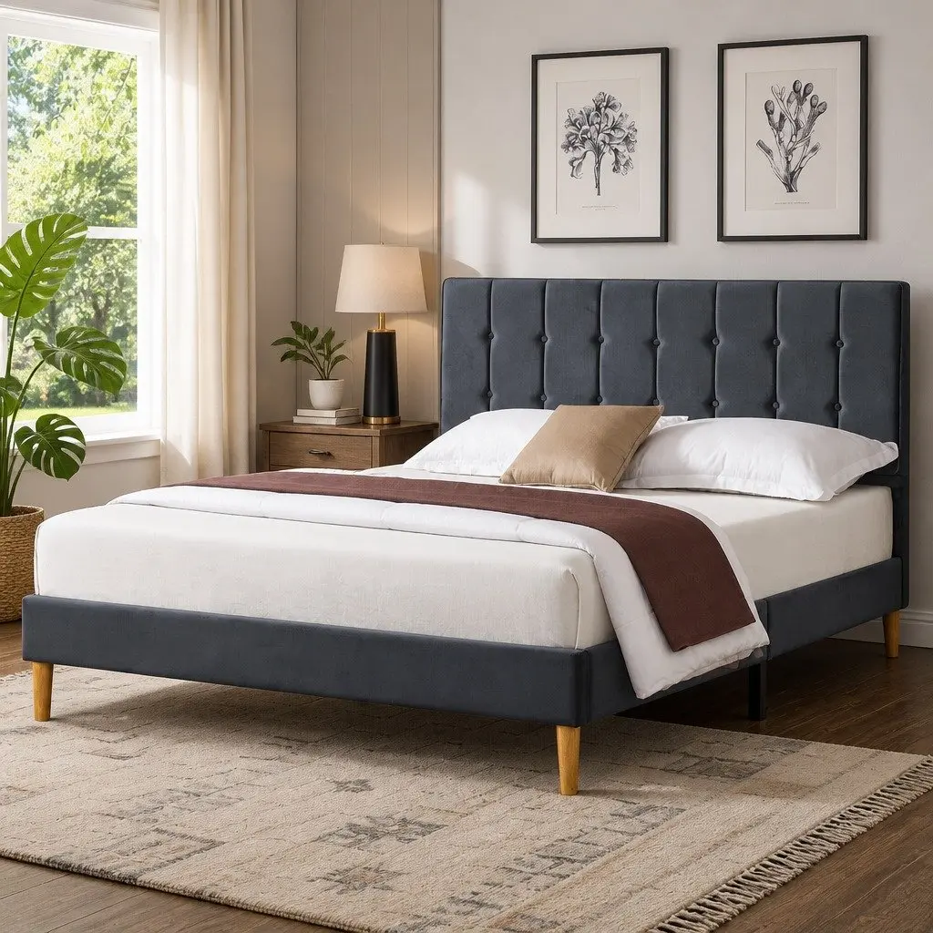 Queen Size Bed Frame with Velvet Padded Headboard Wooden Slat Platform Mattress