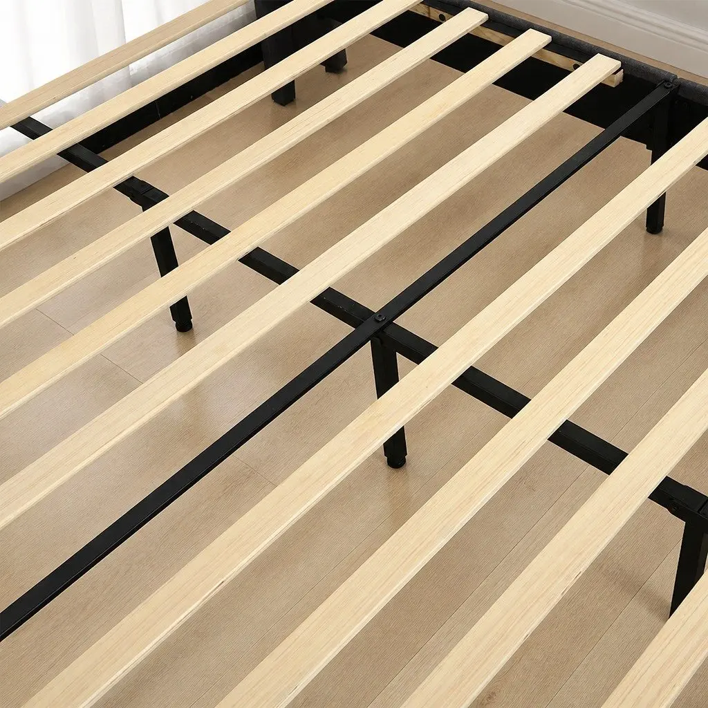 Double Bed Frame Grey Velvet Headboard Wooden Slat Platform Noise-Free Sleep