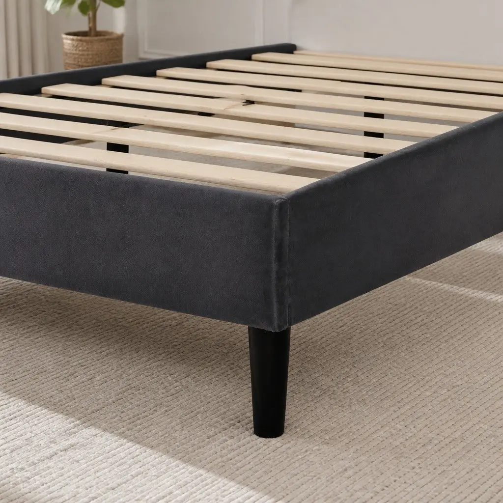 Double Bed Frame Grey Velvet Headboard Wooden Slat Platform Noise-Free Sleep