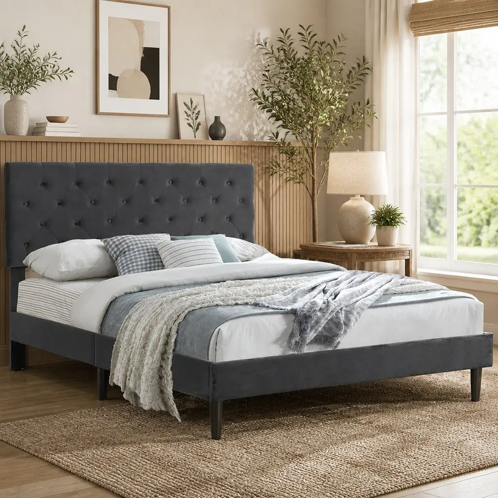 Double Bed Frame Grey Velvet Headboard Wooden Slat Platform Noise-Free Sleep