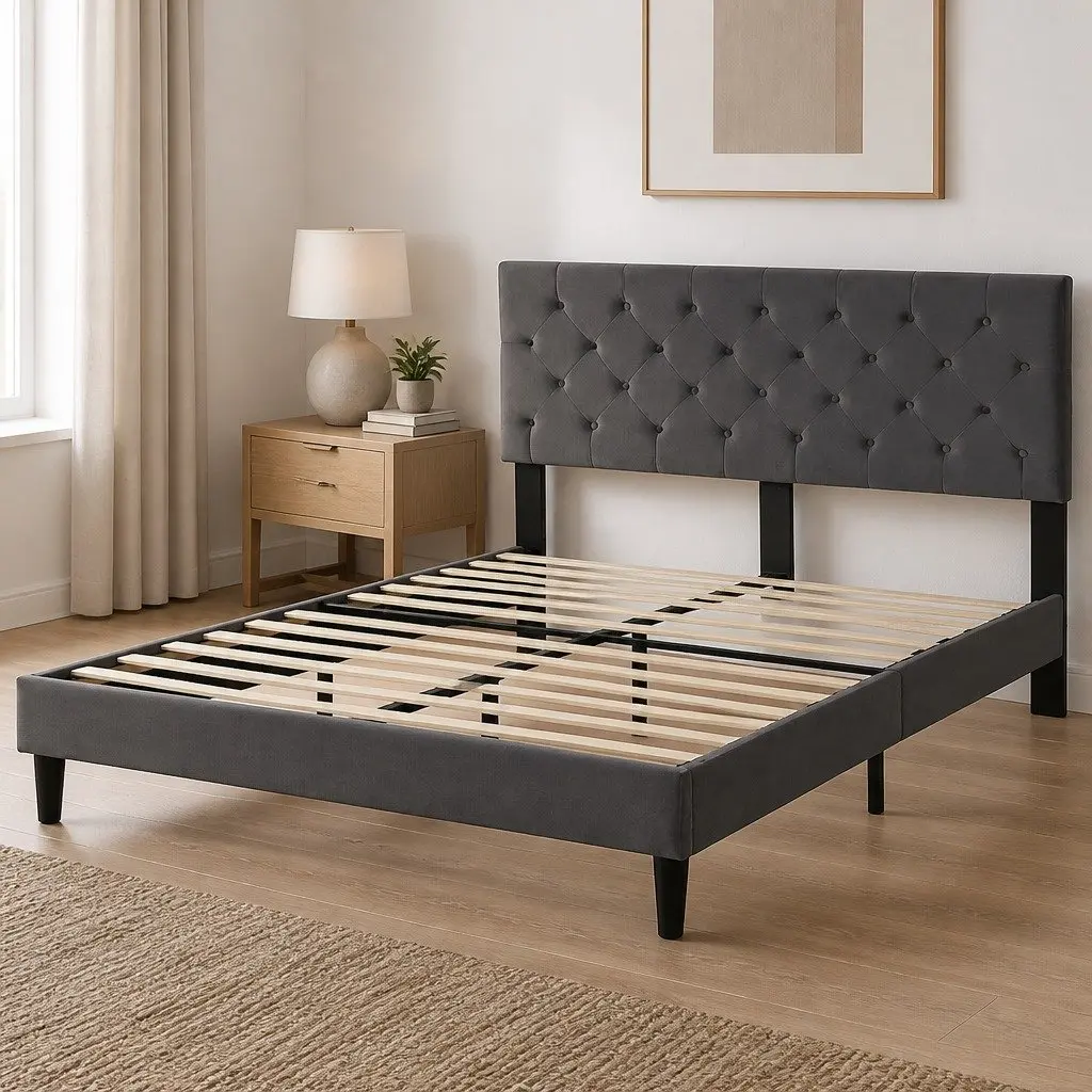 Queen Bed Frame Velvet Upholstered Headboard Wooden Slat Support Grey Bedroom