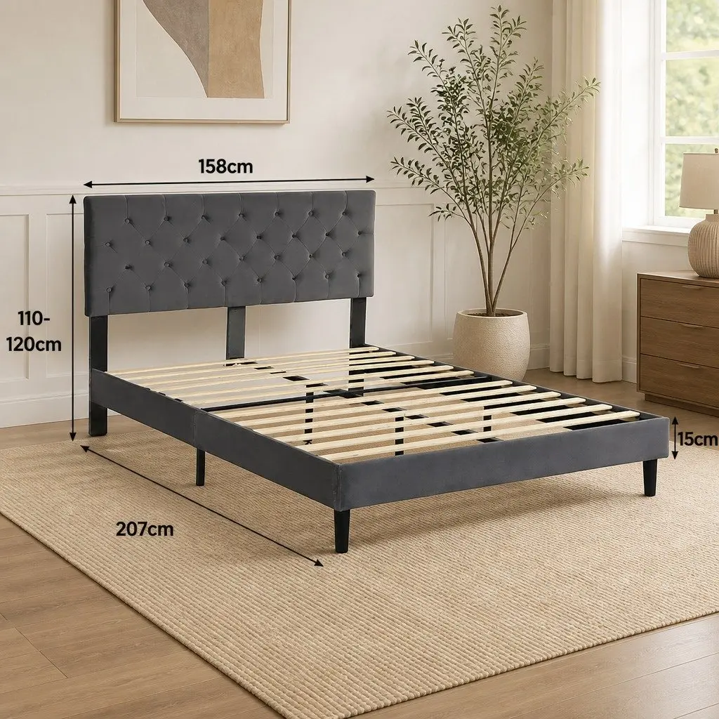 Queen Bed Frame Velvet Upholstered Headboard Wooden Slat Support Grey Bedroom