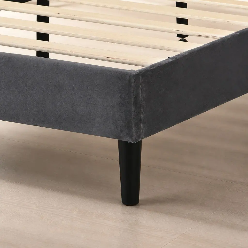 Queen Bed Frame Velvet Upholstered Headboard Wooden Slat Support Grey Bedroom