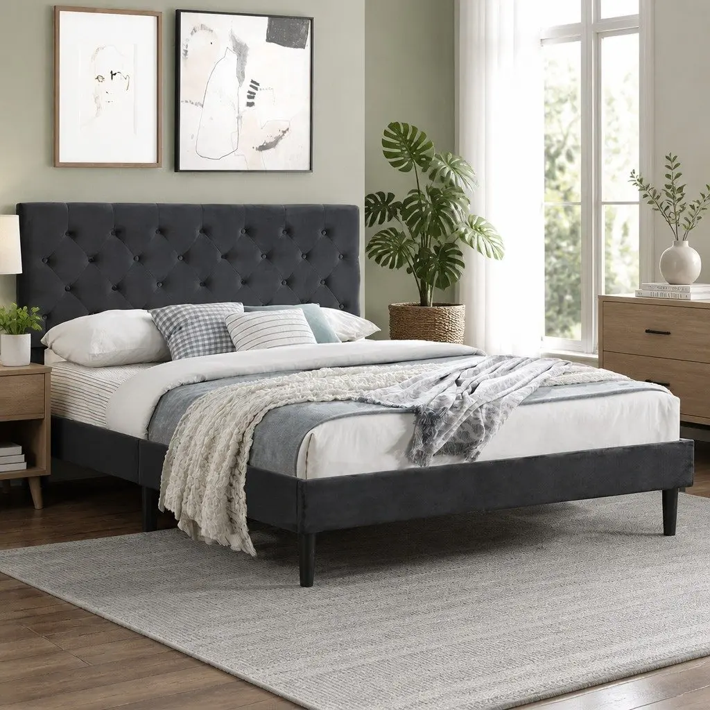 Queen Bed Frame Velvet Upholstered Headboard Wooden Slat Support Grey Bedroom