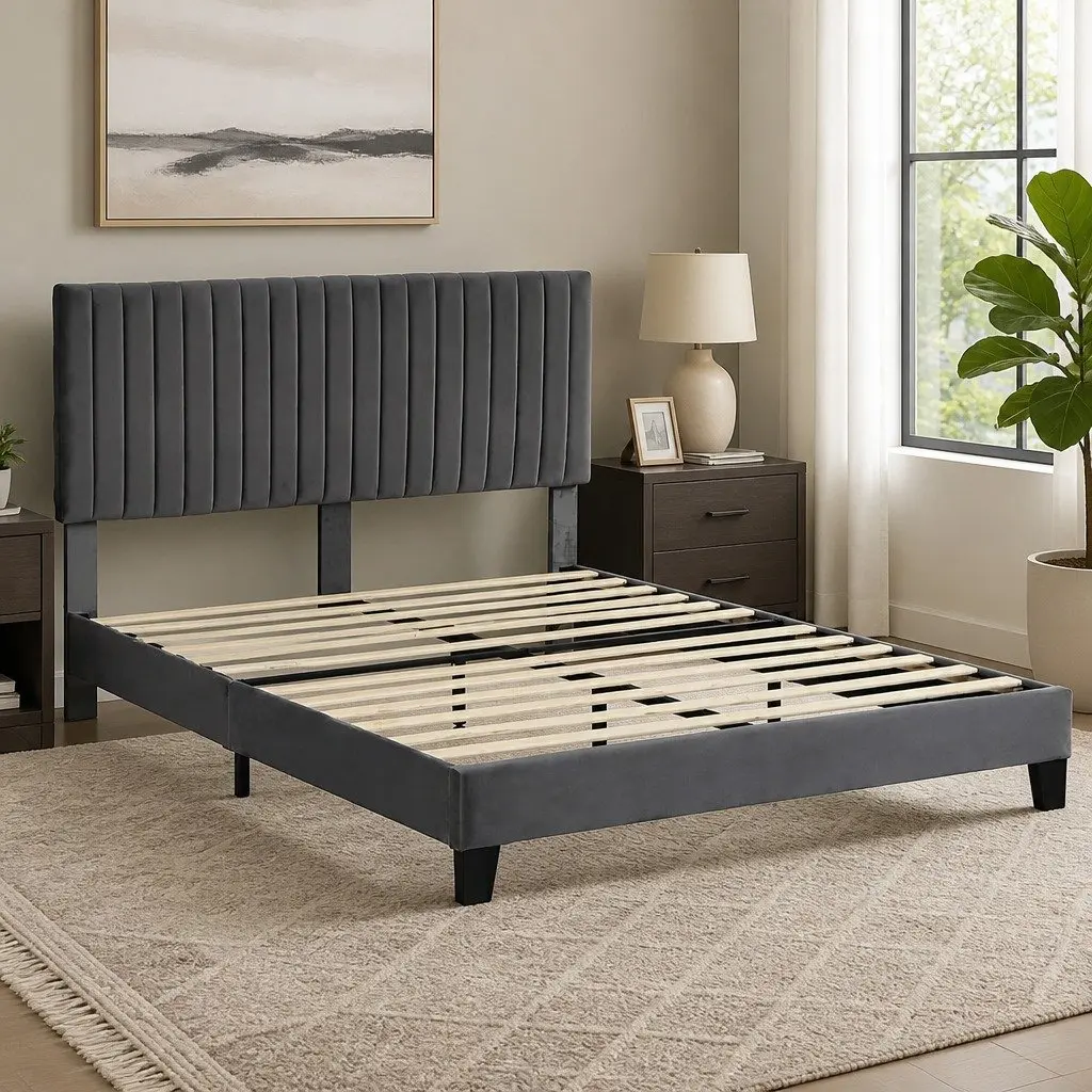 Queen Size Bed Frame Grey Velvet Padded Headboard Wooden Slat Platform Base