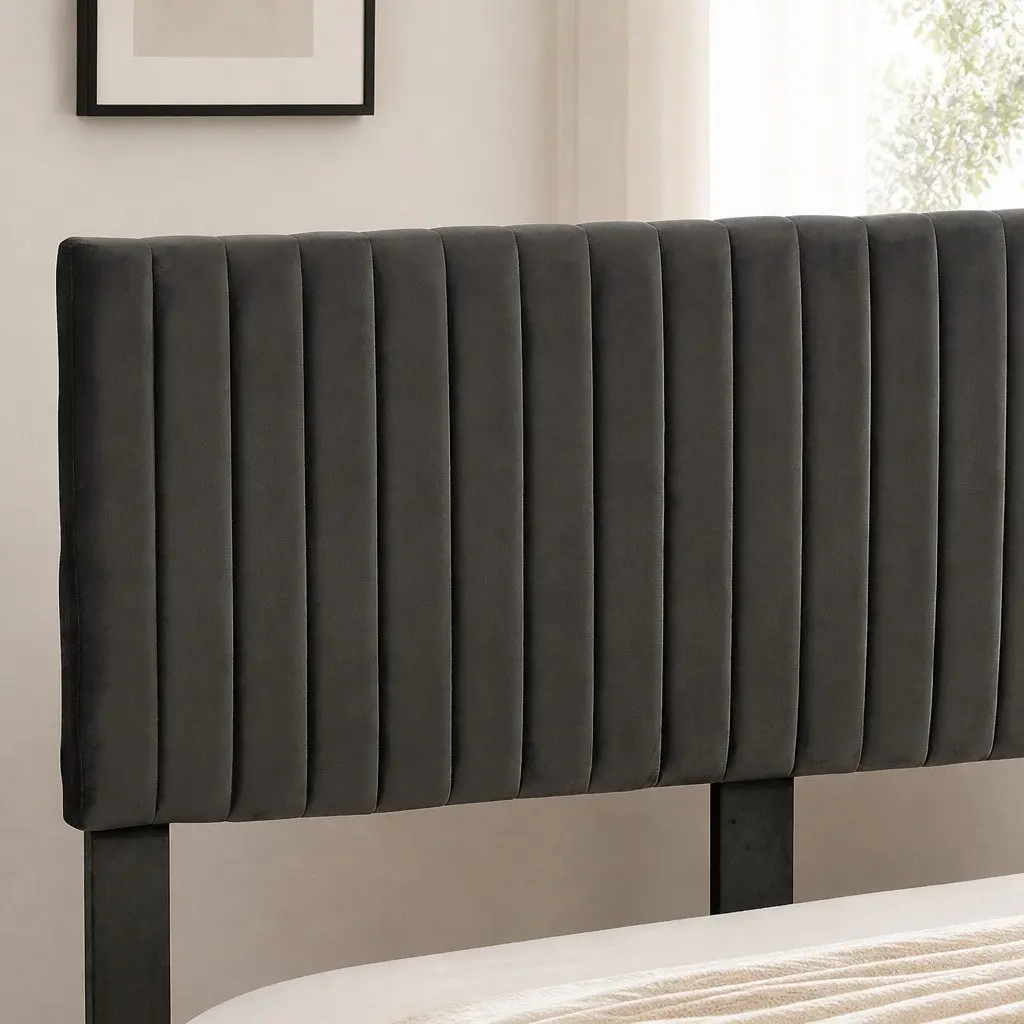 Queen Size Bed Frame Grey Velvet Padded Headboard Wooden Slat Platform Base