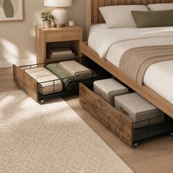 Warm Brown Queen Size Double Bed Frame with Storage Drawers