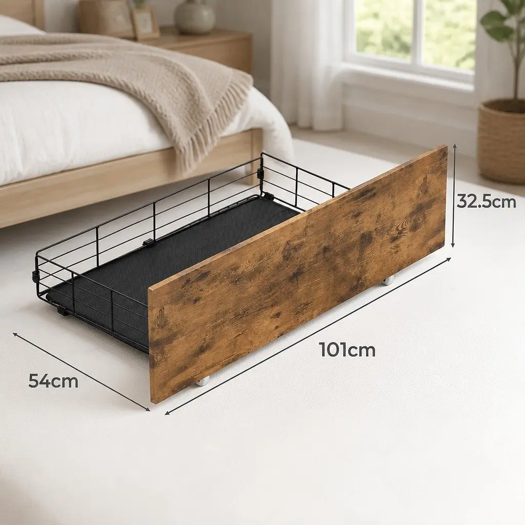 Queen Bed Frame with Rolling Storage Drawers