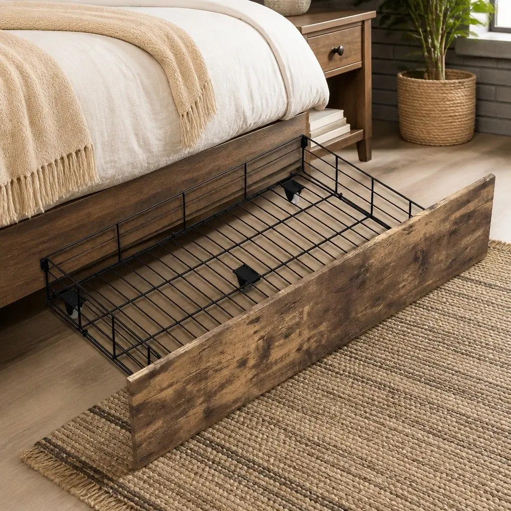 Queen Bed Frame with Rolling Storage Drawers