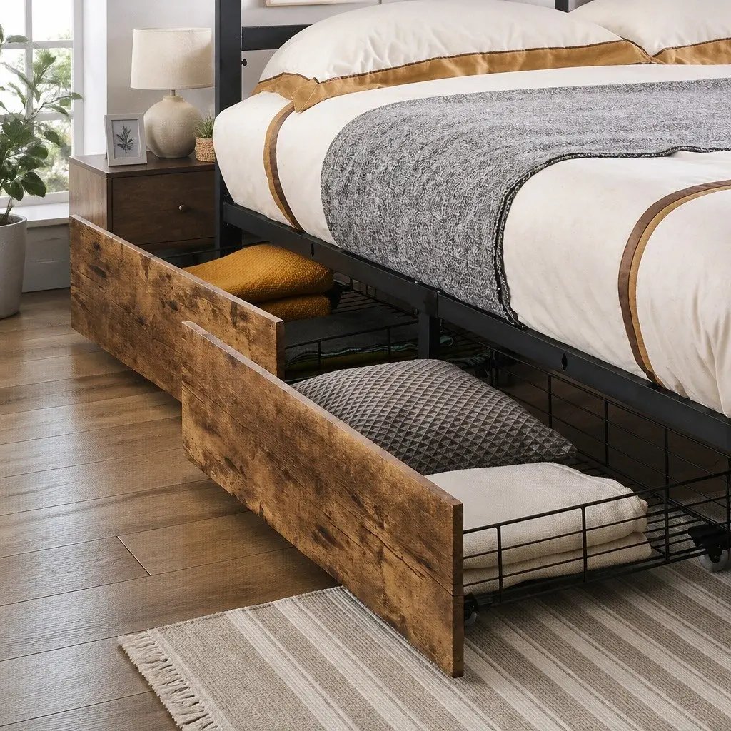 Queen Bed Frame with Rolling Storage Drawers