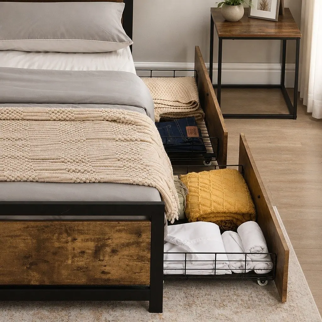 Queen Bed Frame with Rolling Storage Drawers