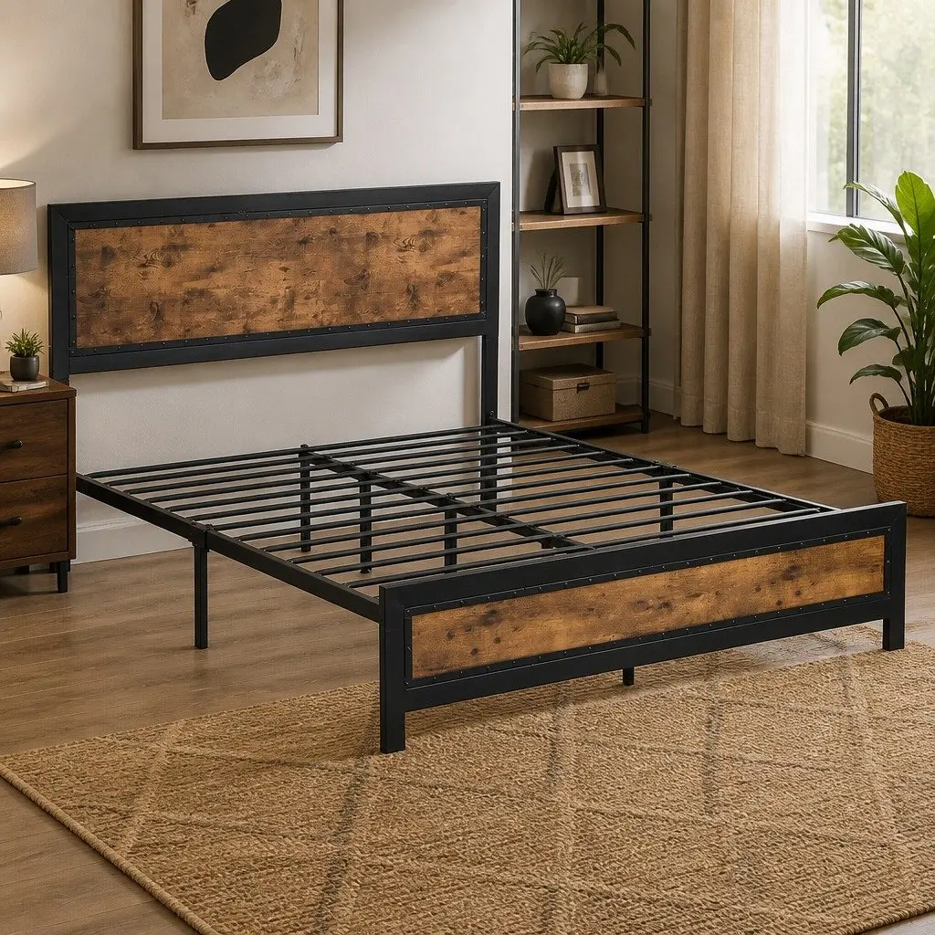 Queen-Size Metal Bed Frame with Optional Storage Drawers