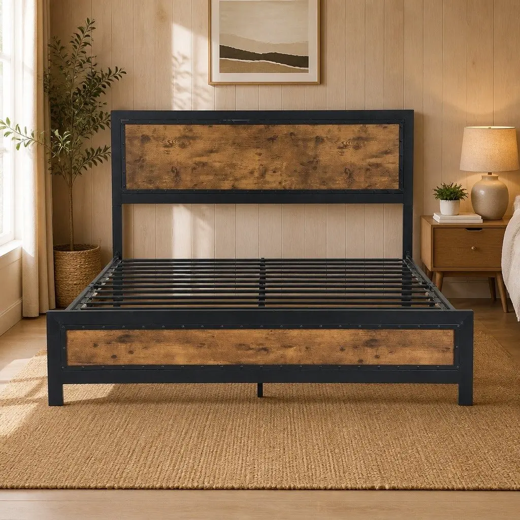 Queen-Size Metal Bed Frame with Optional Storage Drawers