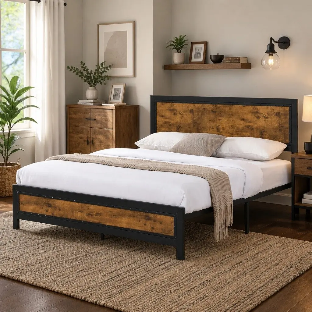Queen-Size Metal Bed Frame with Optional Storage Drawers