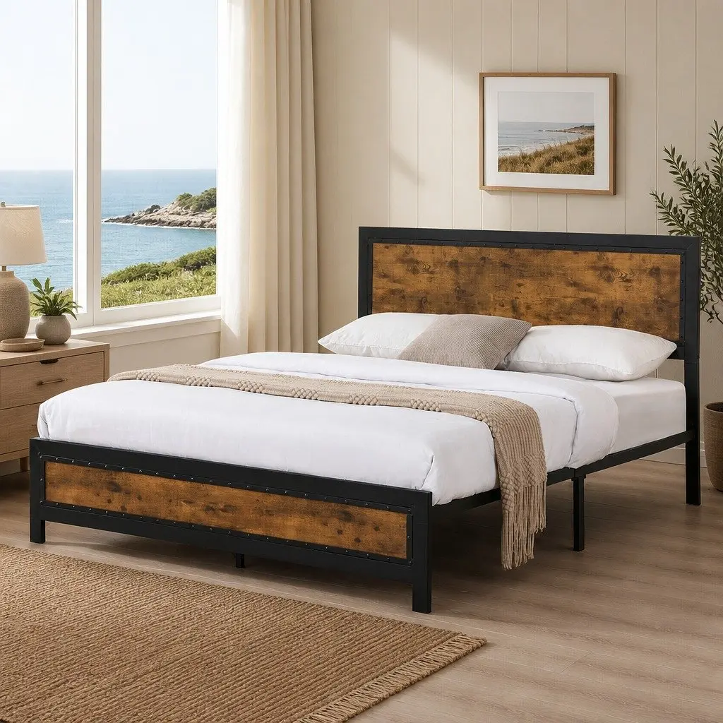 Queen-Size Metal Bed Frame with Optional Storage Drawers
